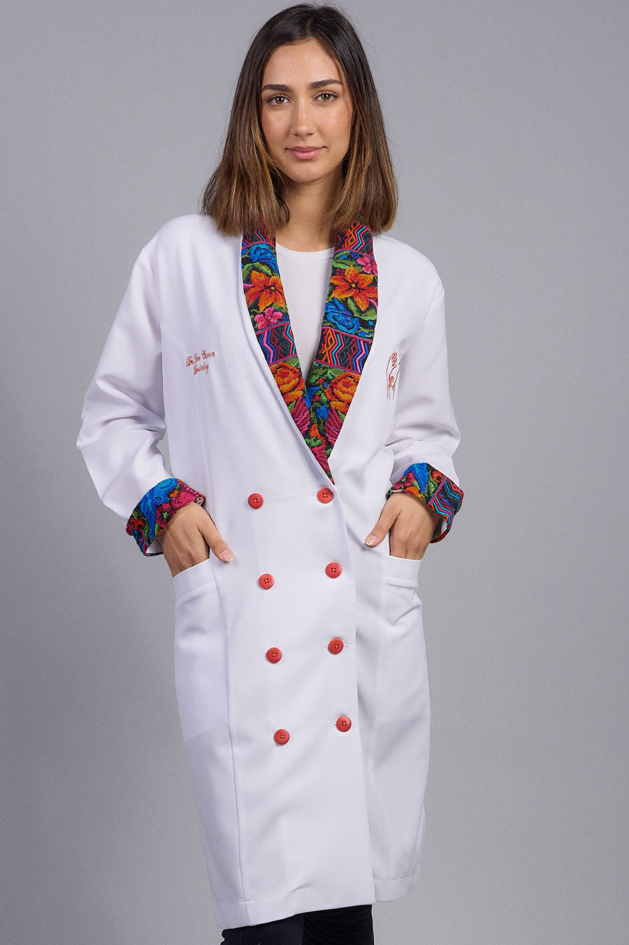 Overlapped white coat, typical collar