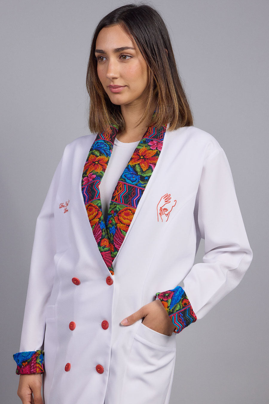 Overlapped white coat, typical collar